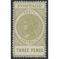 AUSTRALIA / SA - 1906 3d dull olive Long Tom, thick POSTAGE, crown A wmk, MH – SG # 298