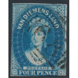 AUSTRALIA / TAS - 1855 4d deep blue Chalon, imperf., large star watermark, used – SG # 17