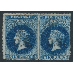 AUSTRALIA / SA - 1875 6d bright blue QV, perf. 12, horizontal pair, o/p OS, used – SG # O9 AUSTRALIA / SA - 1875 6d bright blue QV, perf. 12, horizontal pair, o/p OS, used – SG # O9