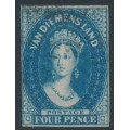 AUSTRALIA / TAS - 1855 4d deep blue Chalon, imperf., large star watermark, used – SG # 17