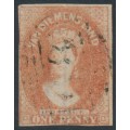 AUSTRALIA / TAS - 1865 1d dull vermilion Chalon, imperf., '1' watermark, used – SG # 28