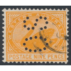 AUSTRALIA / WA - 1903 9d yellow-orange Swan, V crown watermark, perf. OS, used – SG # 122 AUSTRALIA / WA - 1903 9d yellow-orange Swan, V crown watermark, perf. OS, used – SG # 122