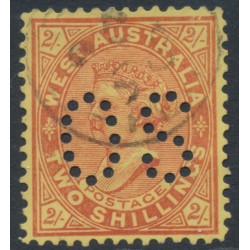 AUSTRALIA / WA - 1902 2/- brownish red on yellow QV, perf. OS, used – SG # 124c AUSTRALIA / WA - 1902 2/- brownish red on yellow QV, perf. OS, used – SG # 124c