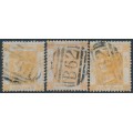 HONG KONG - 1864 8c orange QV in three shades, crown CC watermark, used – SG # 11+11a+11b