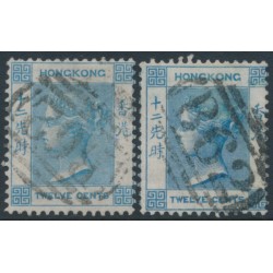 HONG KONG - 1865 12c pale & deep blue QV, crown CC watermark, used – SG # 12a+12b
