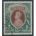 INDIA - 1937 15R brown/green KGVI, multi star watermark, used – SG # 263