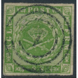DENMARK - 1858 8Sk green Crown, imperforate, lined background, used – Facit # 8