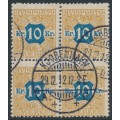DENMARK - 1907 10Kr brown/blue Newspaper Stamp (Avisporto) block of 4, used – Facit # TI10 DENMARK - 1907 10Kr brown/blue Newspaper Stamp (Avisporto) block of 4, used – Facit # TI10