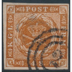 DENMARK - 1857 4Sk orange-brown Crown, imperforate, dotted background, used – Facit # 4f