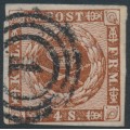 DENMARK - 1860 4Sk dull brown Crown, imperforate, lined background, used – Facit # 7e