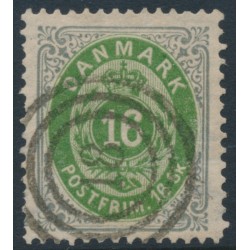 DENMARK - 1871 16Sk emerald-green/grey Numeral, perf. 14:13½, used – Facit # 24a