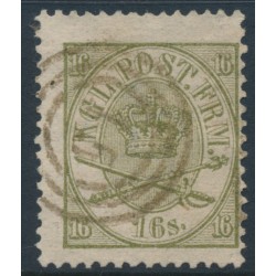 DENMARK - 1864 16Sk greenish olive Crown, perf. 13:12½, used – Facit # 15c