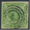 DENMARK - 1857 8Sk yellow-green Crown, dotted background, imperforate, used – Facit # 5a