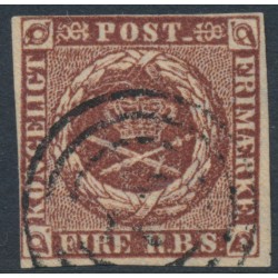 DENMARK - 1852 4 RBS red-brown Crown, imperforate, Thiele I printing, used – Facit # 2II