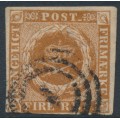 DENMARK - 1854 4RBS yellow-brown Crown, imperforate, Thiele III printing, used – Facit # 2IVa