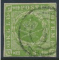 DENMARK - 1857 8Sk yellow-green Crown, dotted background, imperforate, used – Facit # 5a