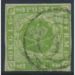 DENMARK - 1857 8Sk yellow-green Crown, dotted background, imperforate, used – Facit # 5a