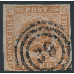 DENMARK - 1854 4RBS yellow-brown Crown, imperforate, Thiele III printing, used – Facit # 2IVa DENMARK - 1854 4RBS yellow-brown Crown, imperforate, Thiele III printing, used – Facit # 2IVa