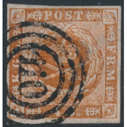 DENMARK - 1856 4Sk light yellow-brown Crown, imperforate, dotted background, used – Facit # 4e DENMARK - 1856 4Sk light yellow-brown Crown, imperforate, dotted background, used – Facit # 4e