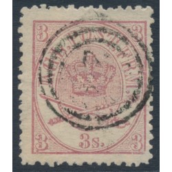 DENMARK - 1865 3Sk lilac-rose Crown, perf. 13:12½, used – Facit # 12c