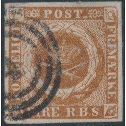 DENMARK - 1854 4RBS yellow-brown Crown, imperforate, Thiele III printing, used – Facit # 2IVa