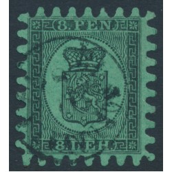 FINLAND - 1867 8Pen black Coat of Arms, roulette III, yellow-green paper, used – Facit # 6v3C3