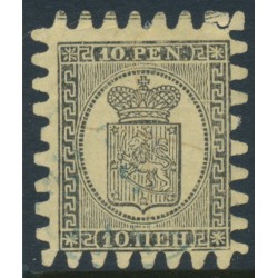 FINLAND - 1872 10Pen black Coat of Arms, roulette III, yellow paper, used – Facit # 7v4C3