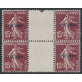 FRANCE - 1926 15c brown Semeuse, gutter block of 4, o/p SPECIMEN, MNH – Michel # 184