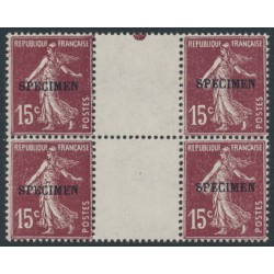 FRANCE - 1926 15c brown Semeuse, gutter block of 4, o/p SPECIMEN, MNH – Michel # 184