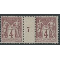 FRANCE - 1877 4c violet-brown Peace & Commerce, Millésime gutter pair, MH – Michel # 71a