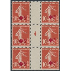 FRANCE - 1914 10c+5c orange-red Semeuse, millésime block of 6, MNH – Michel # 125 FRANCE - 1914 10c+5c orange-red Semeuse, millésime block of 6, MNH – Michel # 125
