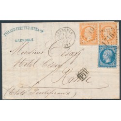 FRANCE - 1864 40c orange pair & 20c blue Napoléon on cover to Italy – Michel # 21+22 FRANCE - 1864 40c orange pair & 20c blue Napoléon on cover to Italy – Michel # 21+22