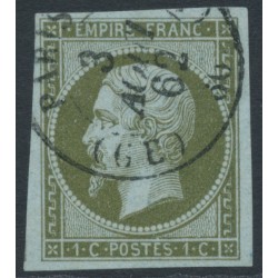 FRANCE - 1860 1c bronze-olive on bluish Napoléon, imperforate, used – Michel # 10b