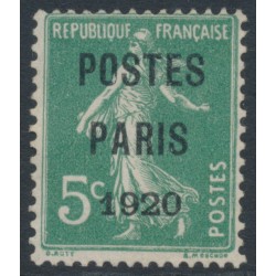 FRANCE - 1920 5c green Semeuse, POSTES PARIS 1920 pre-cancel, MNG – Michel # 116VaI FRANCE - 1920 5c green Semeuse, POSTES PARIS 1920 pre-cancel, MNG – Michel # 116VaI