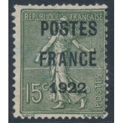 FRANCE - 1922 15c green Semeuse, POSTES FRANCE 1922 pre-cancel, MNG – Michel # 109VbII