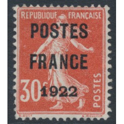 FRANCE - 1922 30c red Semeuse, POSTES FRANCE 1922 pre-cancel, MNG – Michel # 142Vb FRANCE - 1922 30c red Semeuse, POSTES FRANCE 1922 pre-cancel, MNG – Michel # 142Vb