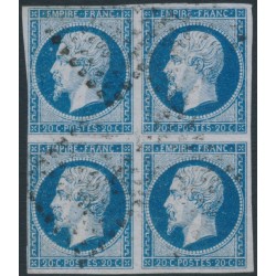 FRANCE - 1854 20c blue Napoléon III, type I, block of 4, used – Michel # 13Ia