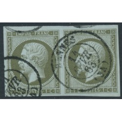 FRANCE - 1860 1c olive on bluish Napoléon, imperforate pair, used – Michel # 10a