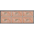 FRANCE - 1920 2Fr orange/blue Merson, double perforations B/6, MNH – Michel # 139