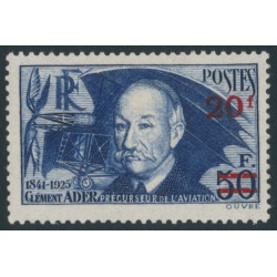 FRANCE - 1940 20Fr on 50Fr deep blue Clément Ader (thick paper), MNH – Michel # 495b