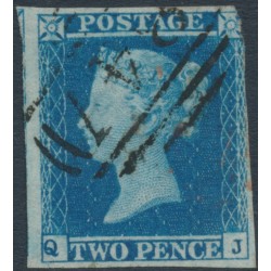 GREAT BRITAIN - 1849 2d blue QV, imperf., plate 4, check letters QJ, used – SG # 14