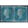 GREAT BRITAIN - 1841 2d blue QV, imperf., plate 3, BJ+BK pair, used – SG # 14
