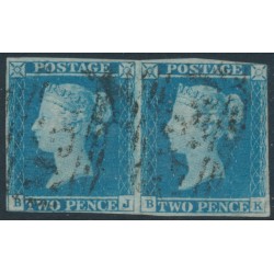 GREAT BRITAIN - 1841 2d blue QV, imperf., plate 3, BJ+BK pair, used – SG # 14