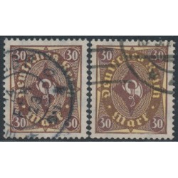 GERMANY - 1922 30Mk Posthorn, thick & thin numerals, used – Michel # 208P+208W