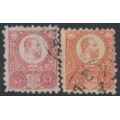 HUNGARY - 1871 5Kr carmine & 5Kr brick-red Emperor (engraved), used – Michel # 10a+10b HUNGARY - 1871 5Kr carmine & 5Kr brick-red Emperor (engraved), used – Michel # 10a+10b