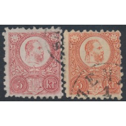 HUNGARY - 1871 5Kr carmine & 5Kr brick-red Emperor (engraved), used – Michel # 10a+10b HUNGARY - 1871 5Kr carmine & 5Kr brick-red Emperor (engraved), used – Michel # 10a+10b