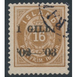 ICELAND - 1902 16a brown Numeral, perf. 12¾, overprinted Í GILDI ’02-‘03, used – Facit # 54
