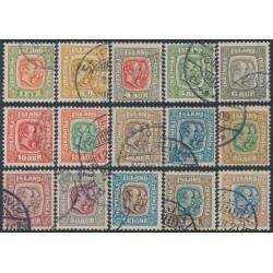 ICELAND - 1907 1E to 5Kr Two Kings set of 15, crown watermark, used – Facit # 76-90
