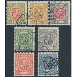 ICELAND - 1914 1E to 20a Two Kings set of 7, crosses watermark, used – Facit # 91-97