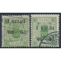 ICELAND - 1902 20a green Þjónustu, both perfs, o/p Í GILDI, used– Facit # TJ19+TJ25